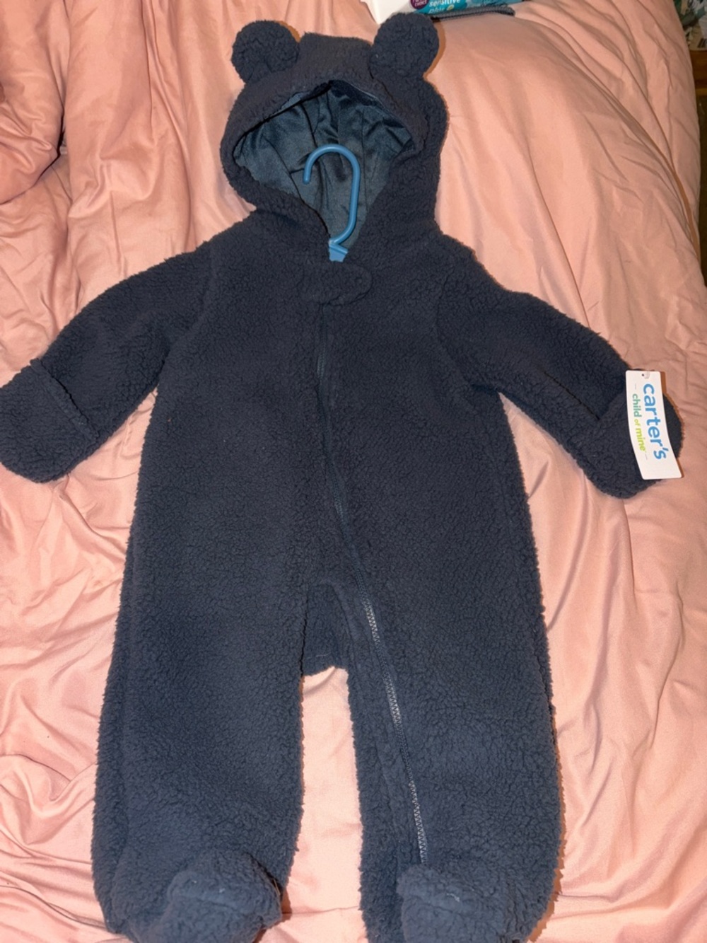 Carter's Navy Teddy Fleece Bear Hooded One-Piece Footie